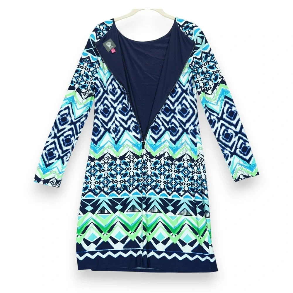 Vince Camuto Shift Dress Geometric‎ Pattern Long Sleeve Zip Up Size 6 MSRP $128